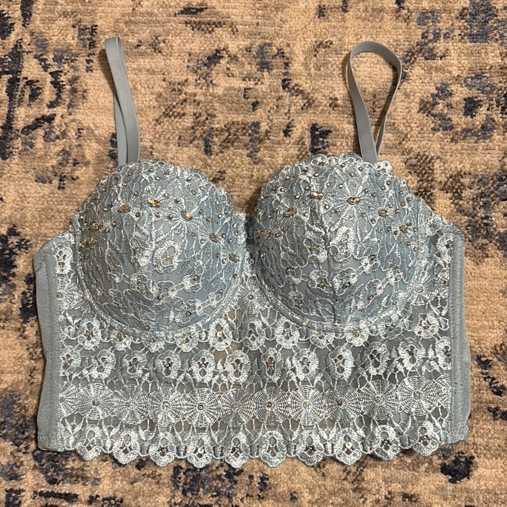Windsor Blue and Silver Lace Longline Bralette - Picture 2 of 7